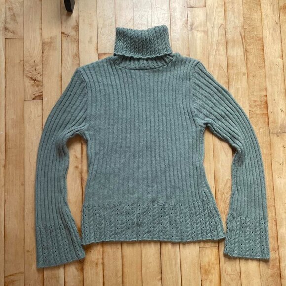 Y2K Vintage Sage Green Turtleneck Sweater | Flare Sleeve | Coquette Sz L Holiday - Picture 5 of 9